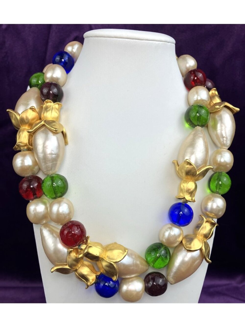 Vintage 80s Karl Lagerfeld HUGE Gripoix Faux Pearl Floral Bud Necklace Baroque